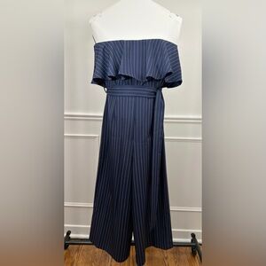 Strapless Jumpsuit in Navy Pinstripe